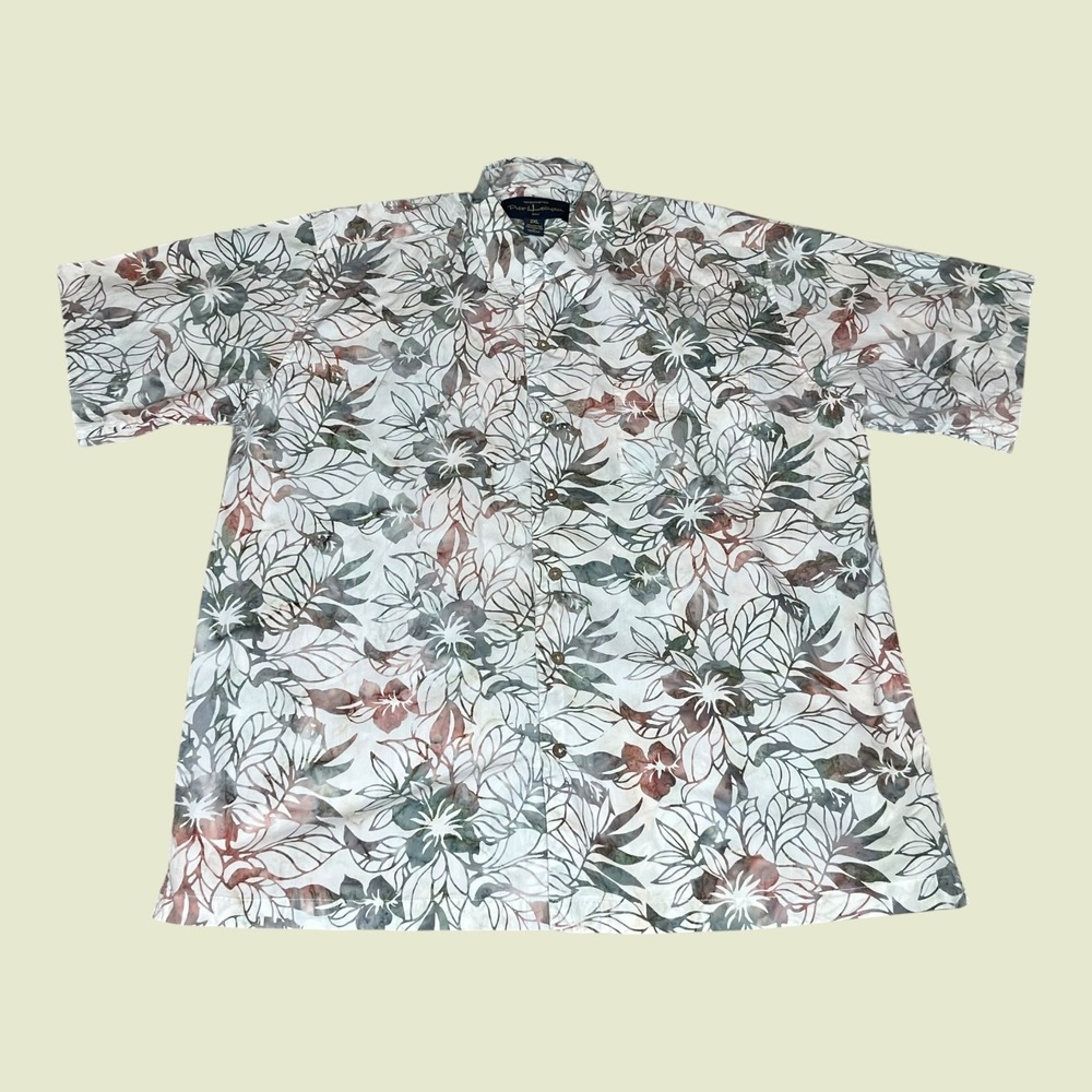 Pete Huntington Bali Mens 2XL Batik‎ Floral Leaf Cotton Aloha Shirt Handcrafted